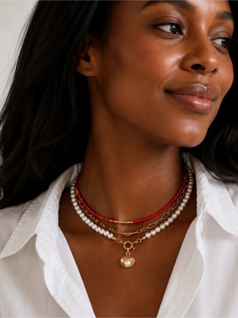 New! Coastal Preppy Red Beaded Gold Shell Necklace Stack Set NWOT 3030